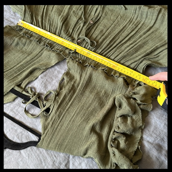 XL Bohemian long Olive gauze semi sheer maxi dress w pockets and ruffle sleeves - Picture 12 of 16